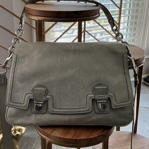 Vintage Coach Gray Leather Messenger Bag with Silver Hardware